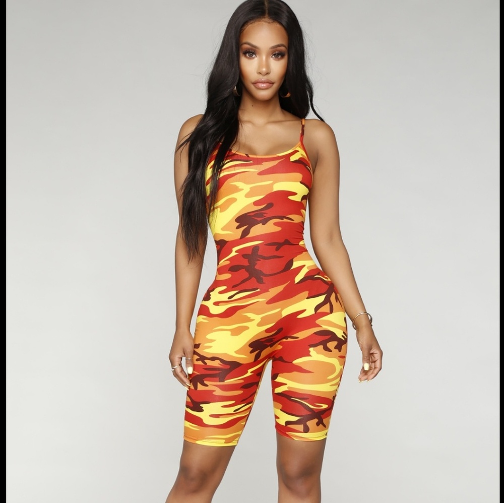 Orange camo romper jumpsuit